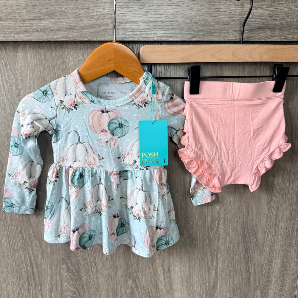 Posh Peanut Jackie Peplum Top Bummie Set 3-6M Blue Pink Pumpkin Floral Bamboo